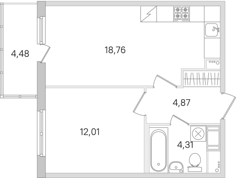 2-комнатная (Евро) квартира, 39.95 м² в ЖК "Ясно.Янино" - планировка, фото №1
