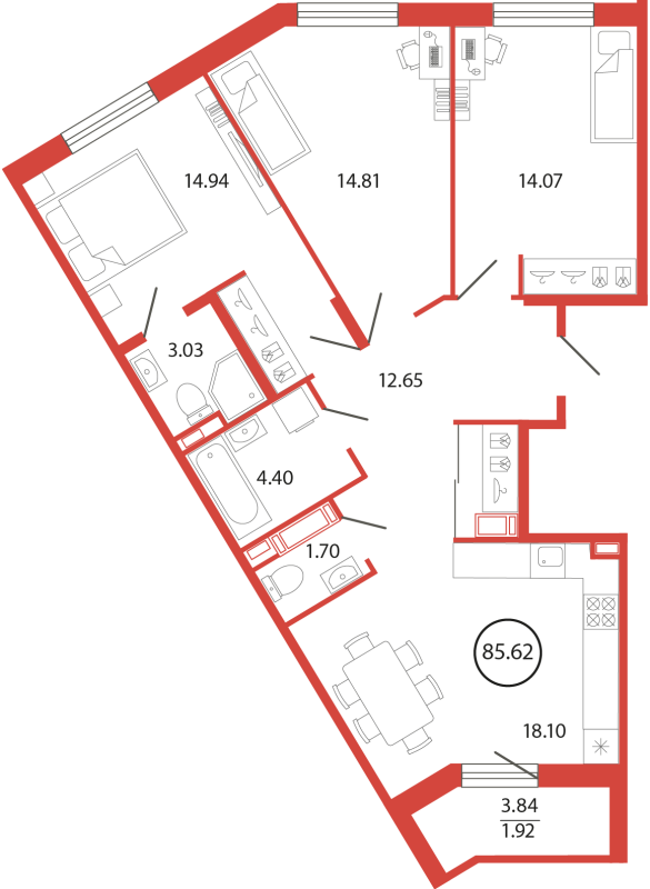 4-комнатная (Евро) квартира, 85.74 м² в ЖК "Энфилд" - планировка, фото №1