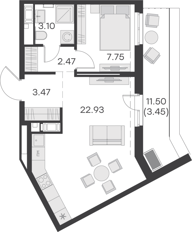 2-комнатная (Евро) квартира, 44 м² в ЖК "GloraX Балтийская" - планировка, фото №1