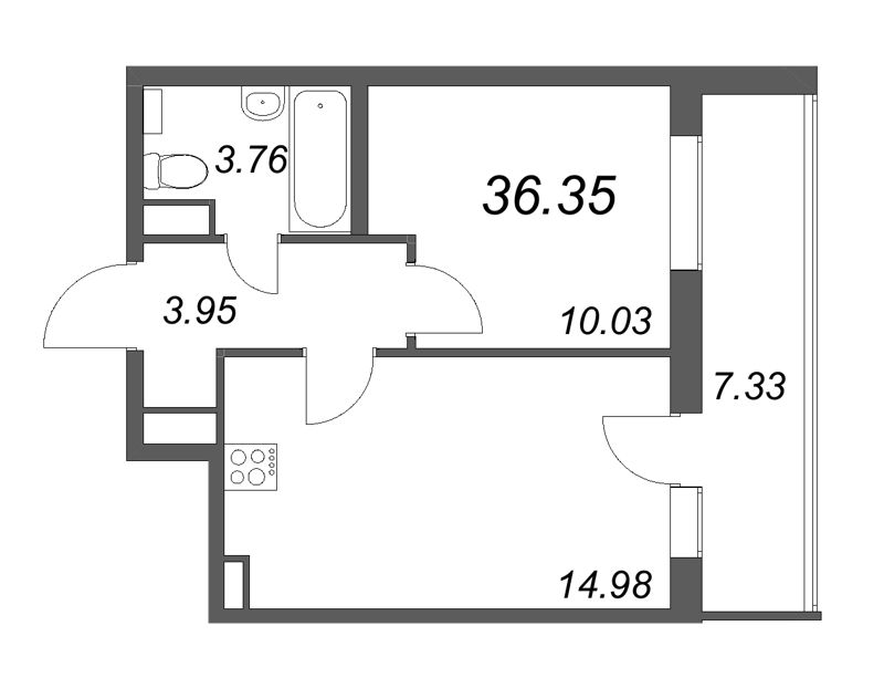 1-комнатная квартира, 36.35 м² - планировка, фото №1