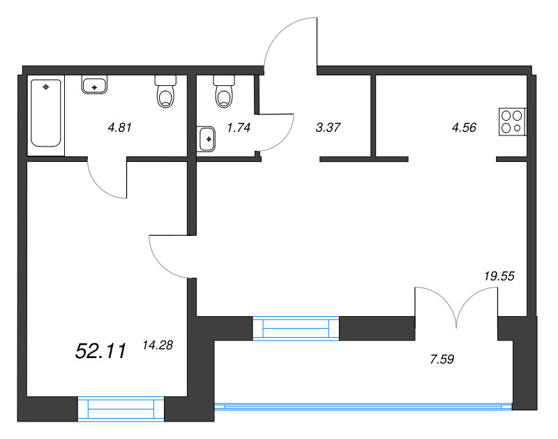 2-комнатная (Евро) квартира, 52.11 м² в ЖК "Alpen" - планировка, фото №1