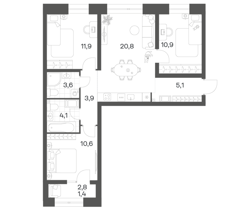 4-комнатная (Евро) квартира, 72.08 м² в ЖК "Новый Питер" - планировка, фото №1