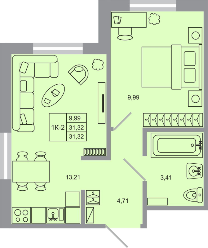 1-комнатная квартира, 31.32 м² - планировка, фото №1