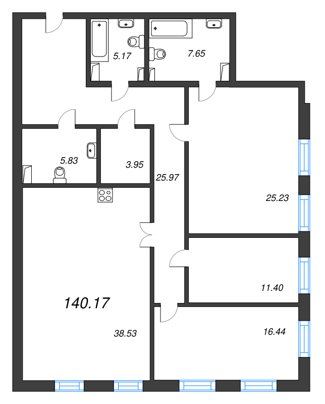 4-комнатная (Евро) квартира, 140.1 м² в ЖК "Манхэттэн" - планировка, фото №1
