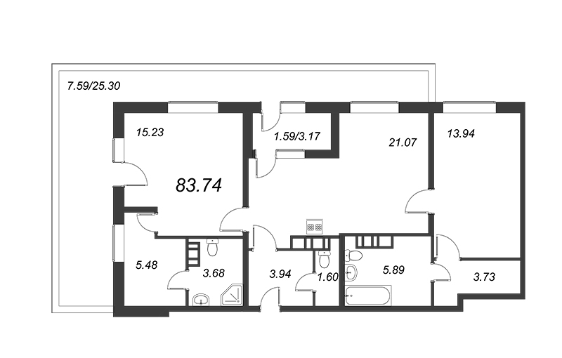 3-комнатная (Евро) квартира, 83.1 м² - планировка, фото №1