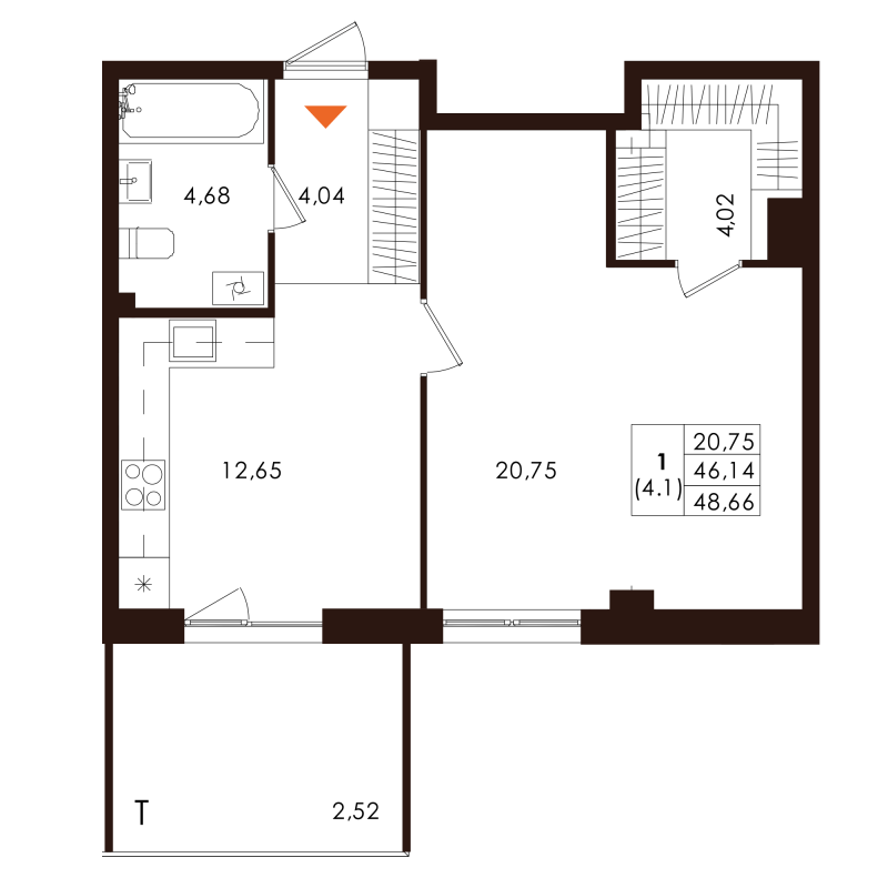 1-комнатная квартира, 48.66 м² - планировка, фото №1