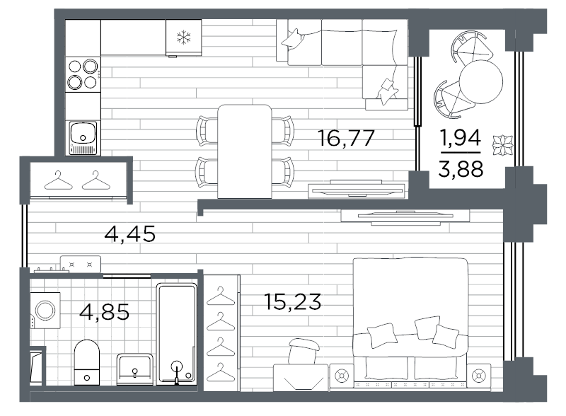 2-комнатная (Евро) квартира, 43.24 м² в ЖК "Ассамблея" - планировка, фото №1