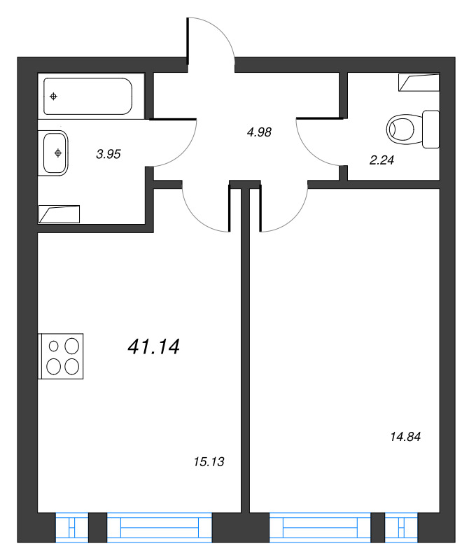 1-комнатная квартира, 41.14 м² - планировка, фото №1