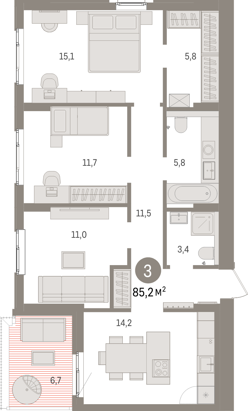 3-комнатная квартира, 85.2 м² в ЖК "Брусника в Новоселье" - планировка, фото №1