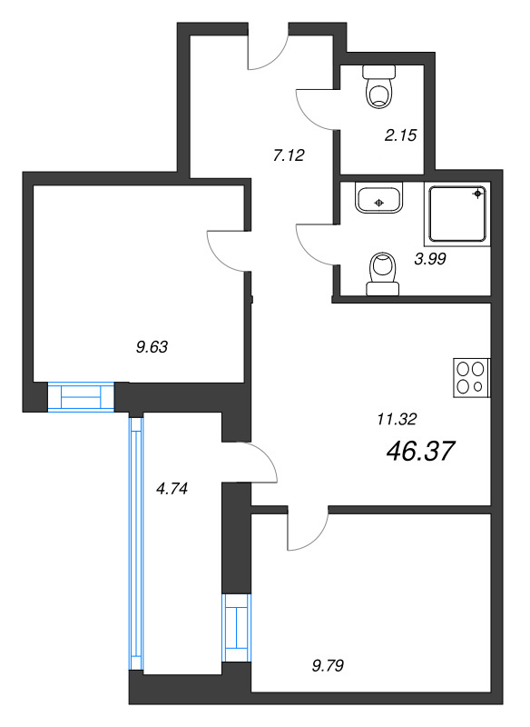 2-комнатная квартира, 46.37 м² в ЖК "Уютный" - планировка, фото №1