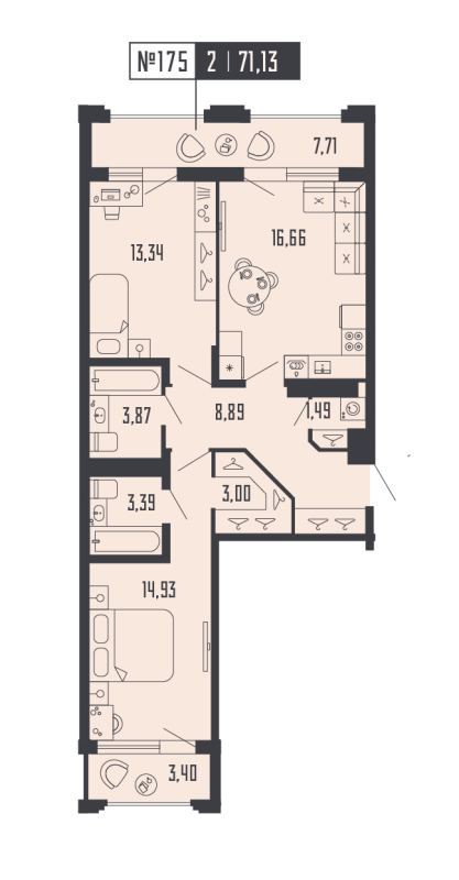 3-комнатная (Евро) квартира, 71.13 м² в ЖК "Shepilevskiy" - планировка, фото №1