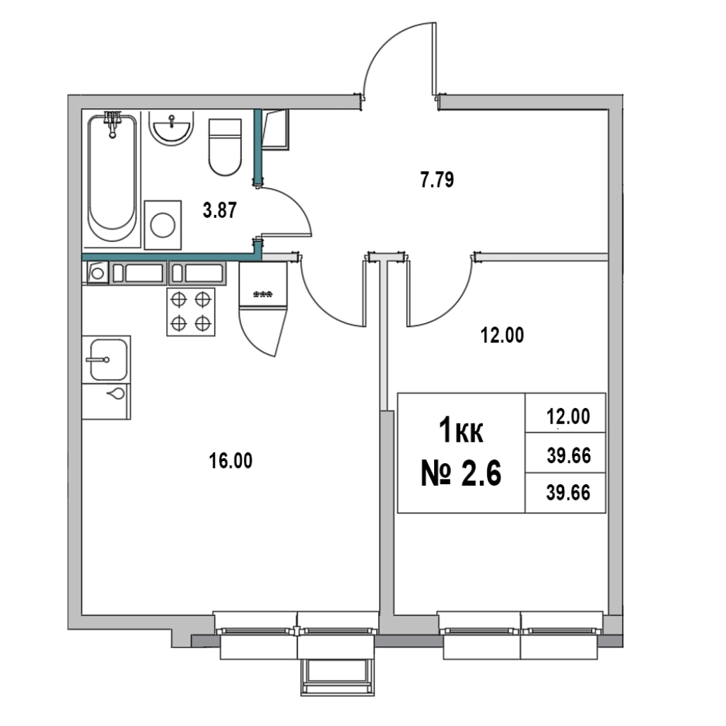 2-комнатная (Евро) квартира, 39.66 м² в ЖК "Новый Город" - планировка, фото №1
