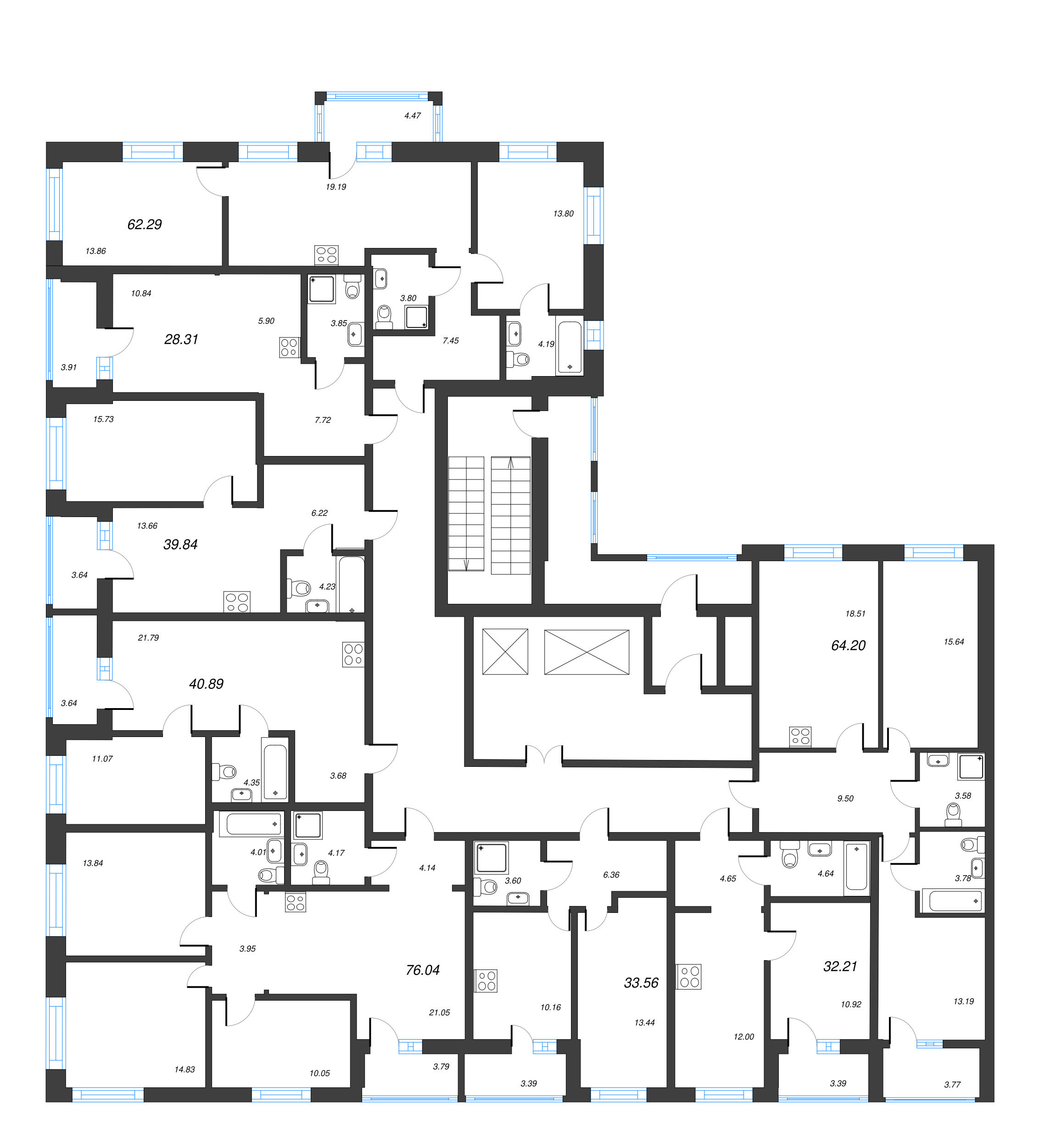 3-комнатная (Евро) квартира, 62.29 м² - планировка этажа