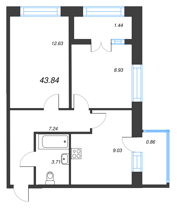 2-комнатная квартира, 43.84 м² в ЖК "Капральский берег" - планировка, фото №1