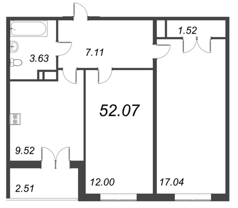 2-комнатная квартира, 52.07 м² в ЖК "Рождественский квартал" - планировка, фото №1