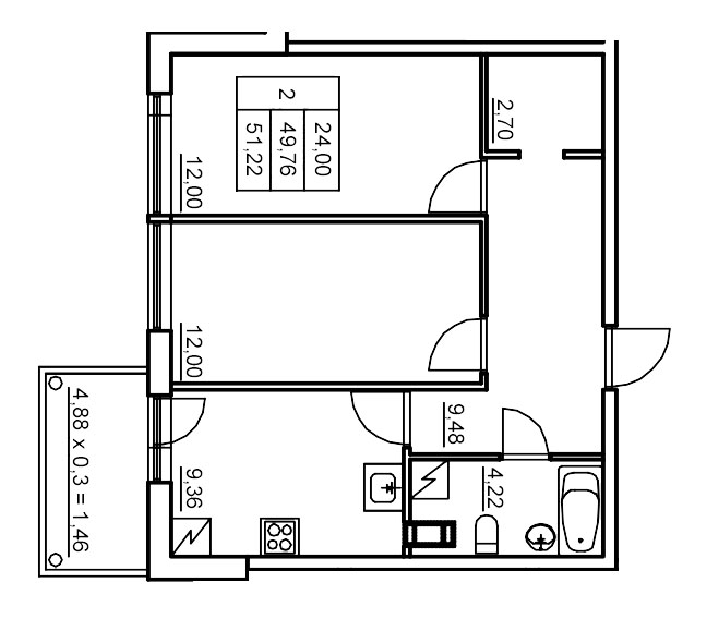 2-комнатная квартира, 51.61 м² в ЖК "Панорама Юкки" - планировка, фото №1