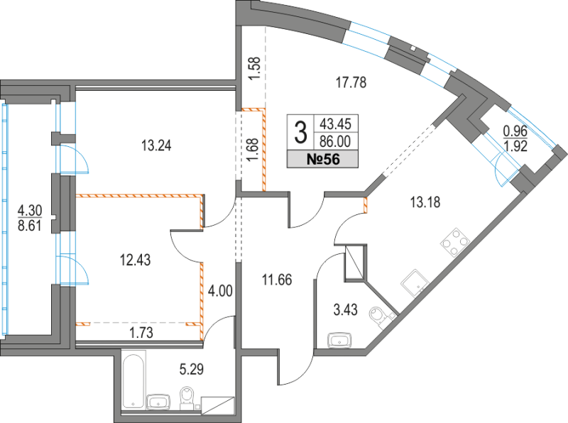 3-комнатная квартира, 86 м² в ЖК "Приморский квартал" - планировка, фото №1