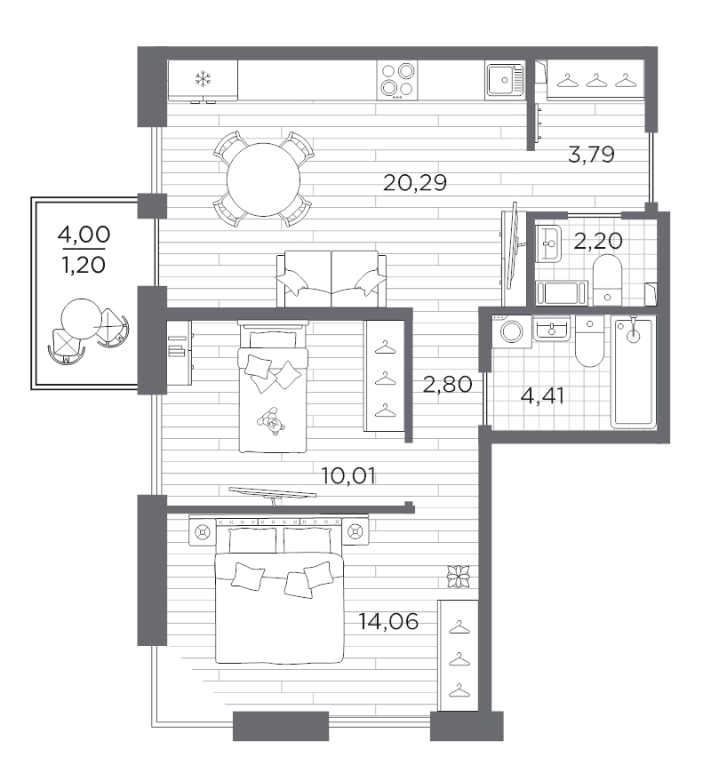 3-комнатная (Евро) квартира, 58.76 м² в ЖК "Сезоны" - планировка, фото №1