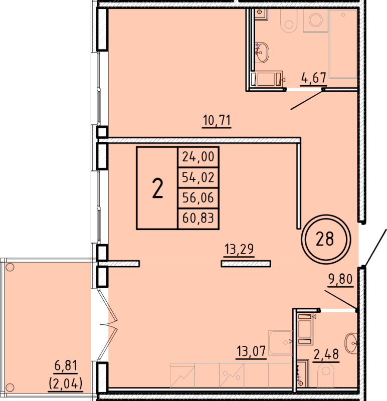 2-комнатная квартира, 54.02 м² - планировка, фото №1