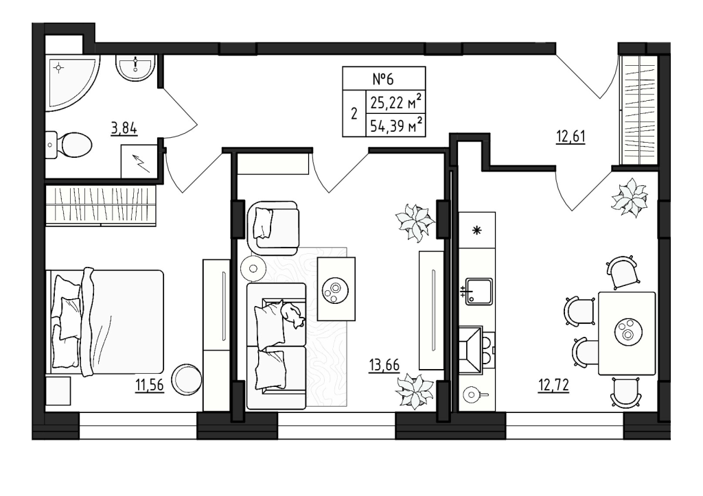 2-комнатная квартира, 54.39 м² - планировка, фото №1