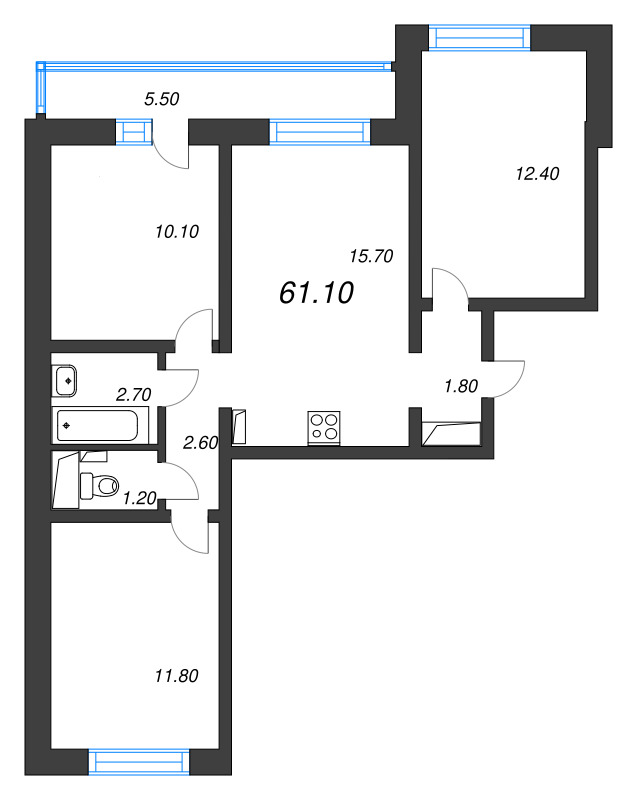 4-комнатная (Евро) квартира, 61.1 м² - планировка, фото №1