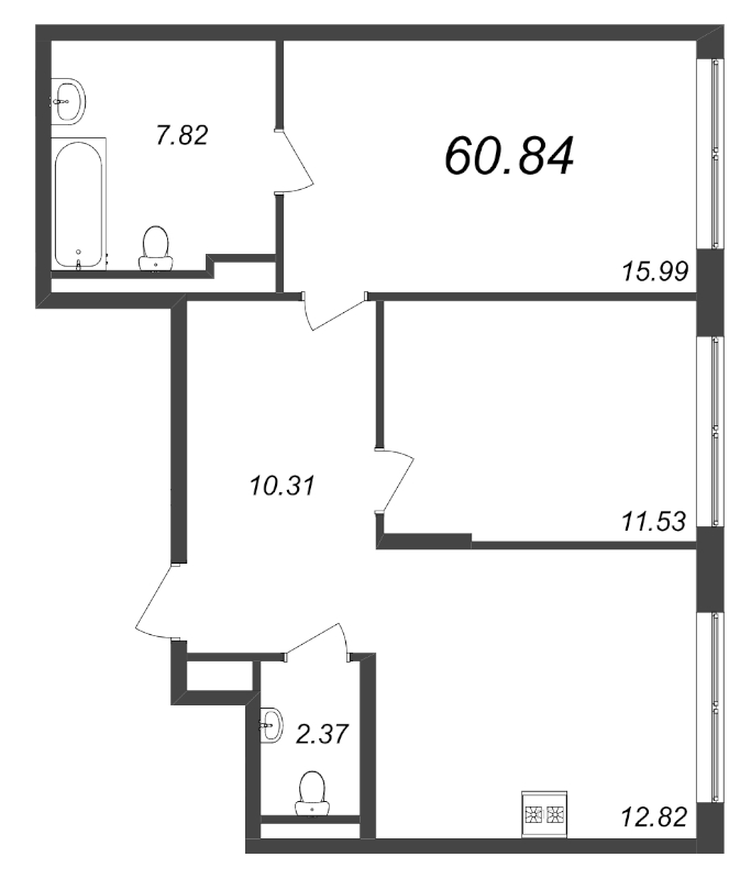 2-комнатная квартира, 60.84 м² - планировка, фото №1