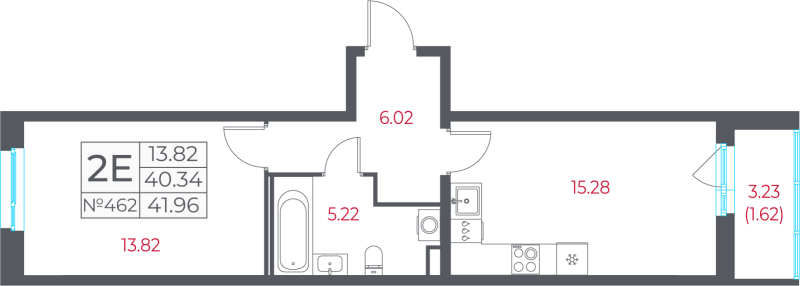 2-комнатная (Евро) квартира, 41.96 м² в ЖК "Город-спутник Южный" - планировка, фото №1