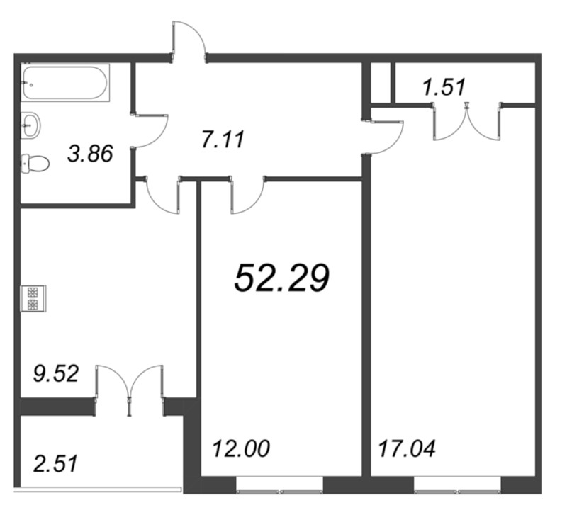 2-комнатная квартира, 52.29 м² - планировка, фото №1