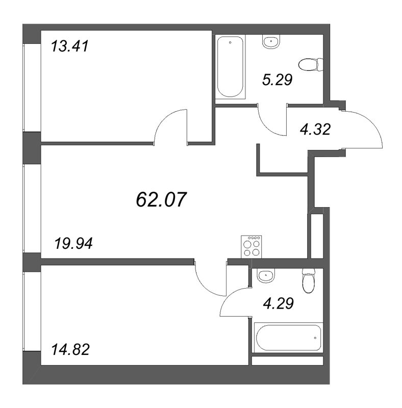 3-комнатная (Евро) квартира, 62.07 м² в ЖК "Avant" - планировка, фото №1