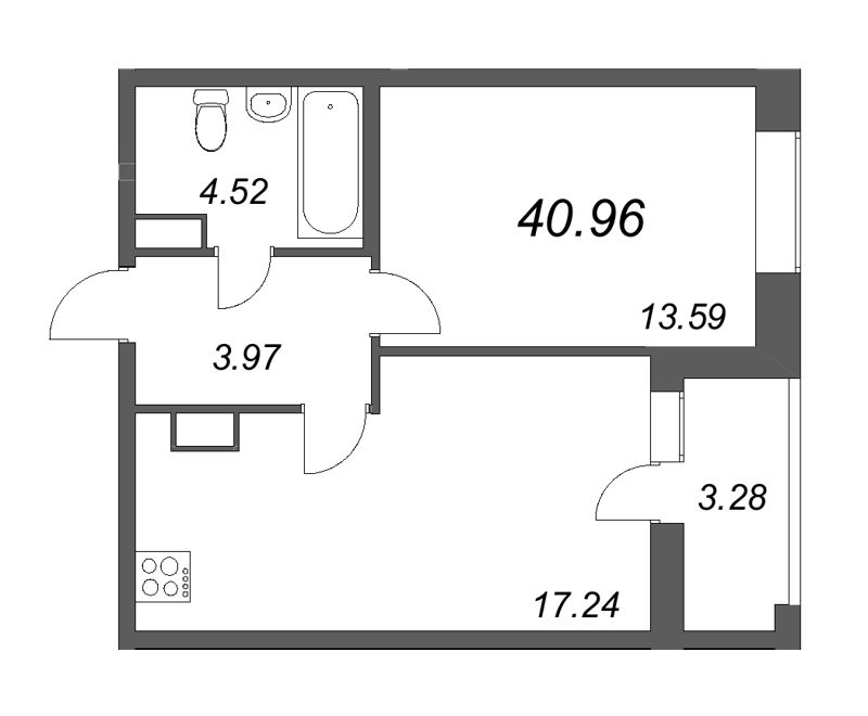 2-комнатная (Евро) квартира, 40.96 м² - планировка, фото №1