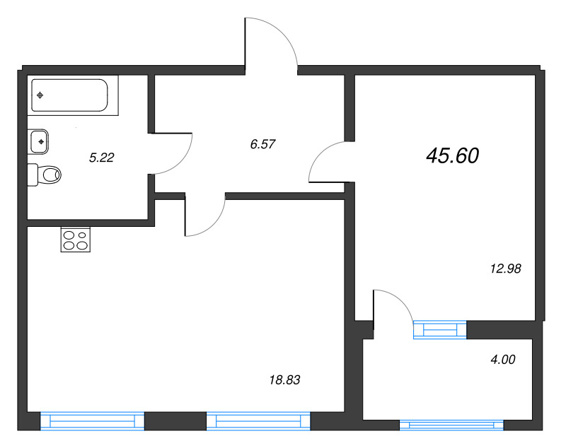 2-комнатная (Евро) квартира, 45.6 м² - планировка, фото №1