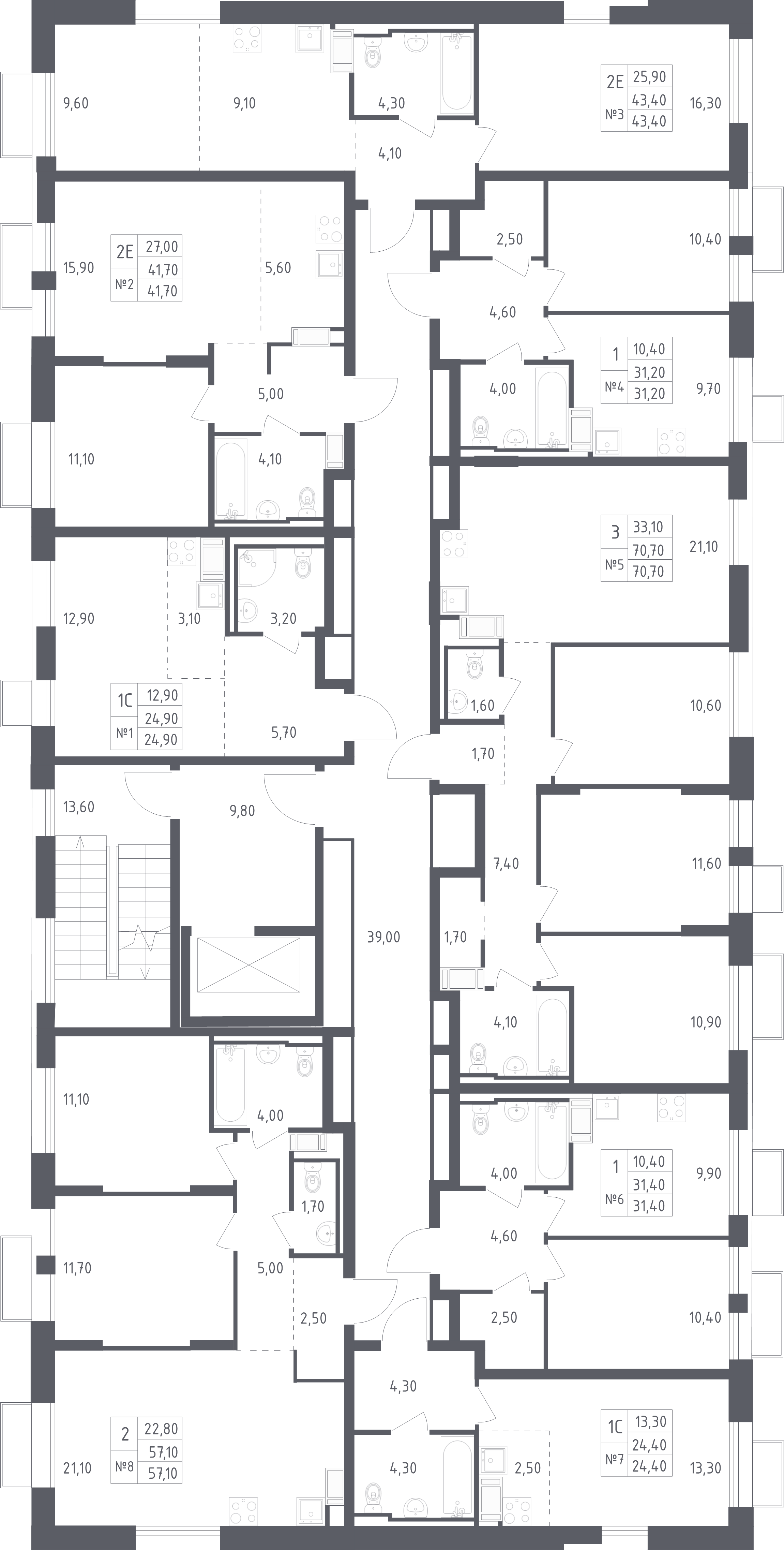 2-комнатная (Евро) квартира, 43.4 м² в ЖК "Курортный Квартал" - планировка этажа