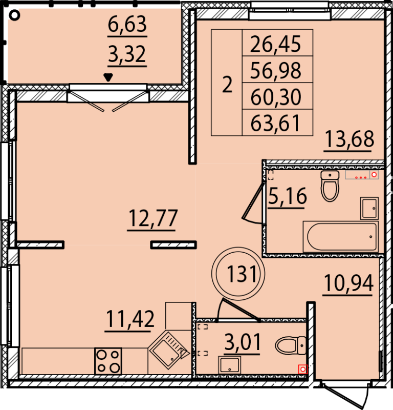 2-комнатная квартира, 56.98 м² - планировка, фото №1