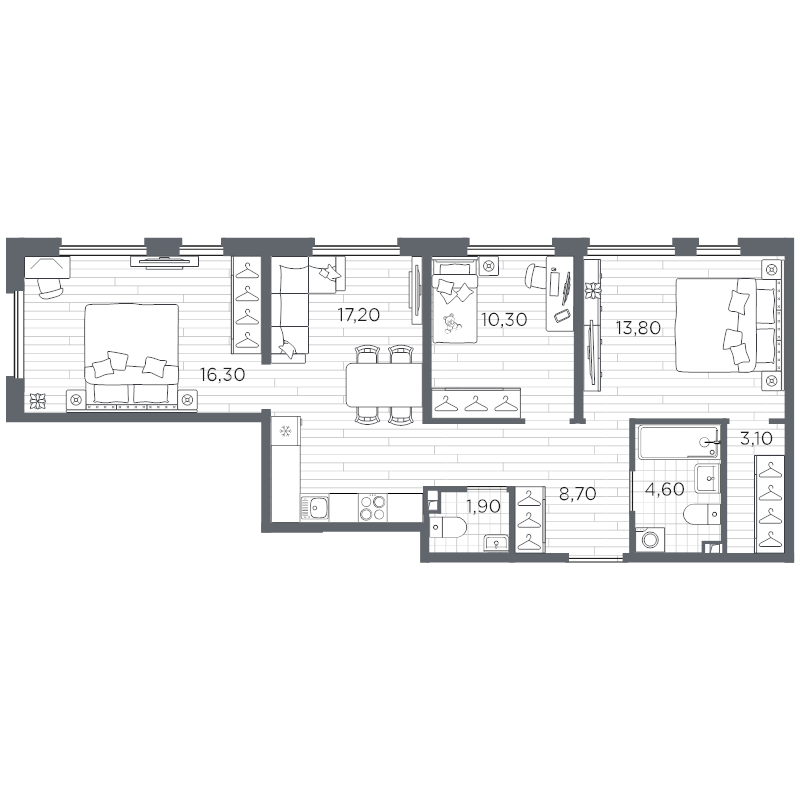 4-комнатная (Евро) квартира, 75.9 м² в ЖК "PLUS Пулковский" - планировка, фото №1