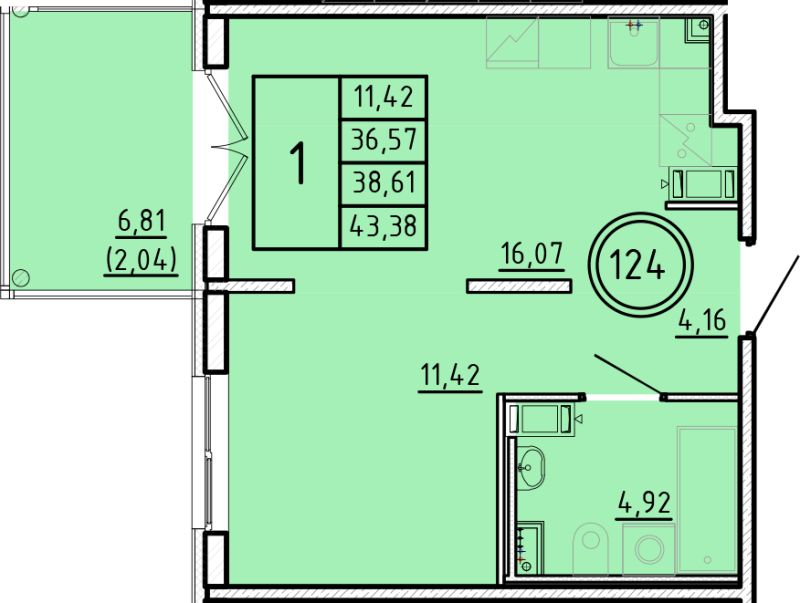 2-комнатная (Евро) квартира, 36.57 м² в ЖК "Образцовый квартал 16" - планировка, фото №1