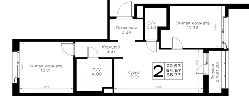 3-комнатная (Евро) квартира, 55.77 м² в ЖК "Борский" - планировка, фото №1