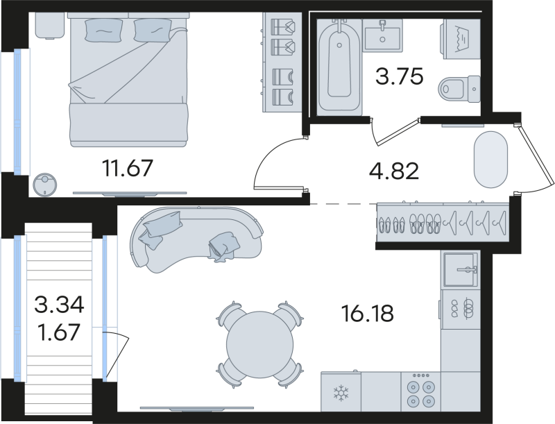 2-комнатная (Евро) квартира, 38.09 м² в ЖК "GloraX Парголово" - планировка, фото №1