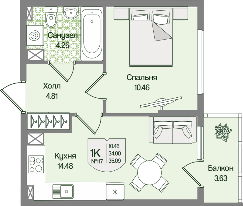 1-комнатная квартира, 35.09 м² в ЖК "Охтинские высоты" - планировка, фото №1