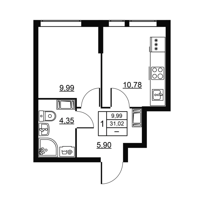 1-комнатная квартира, 31.02 м² в ЖК "Высота. Новодевяткино" - планировка, фото №1