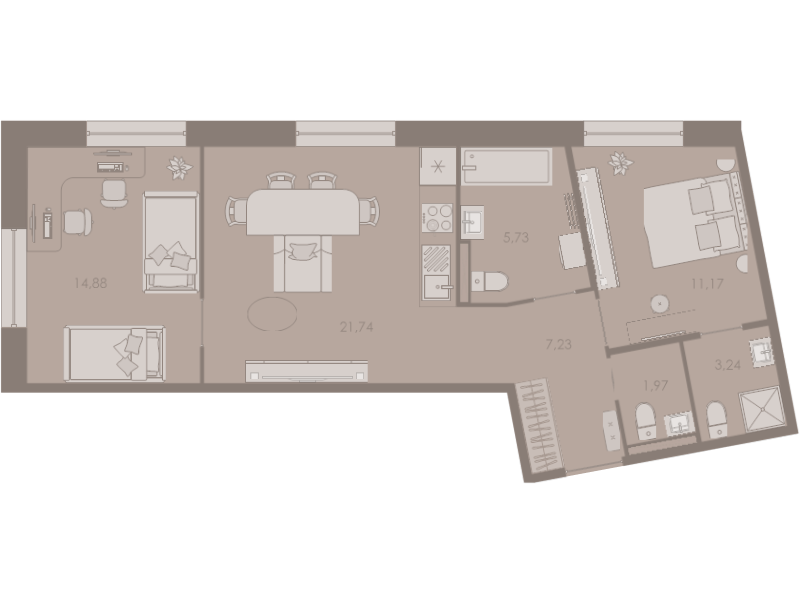 3-комнатная (Евро) квартира, 65.96 м² - планировка, фото №1