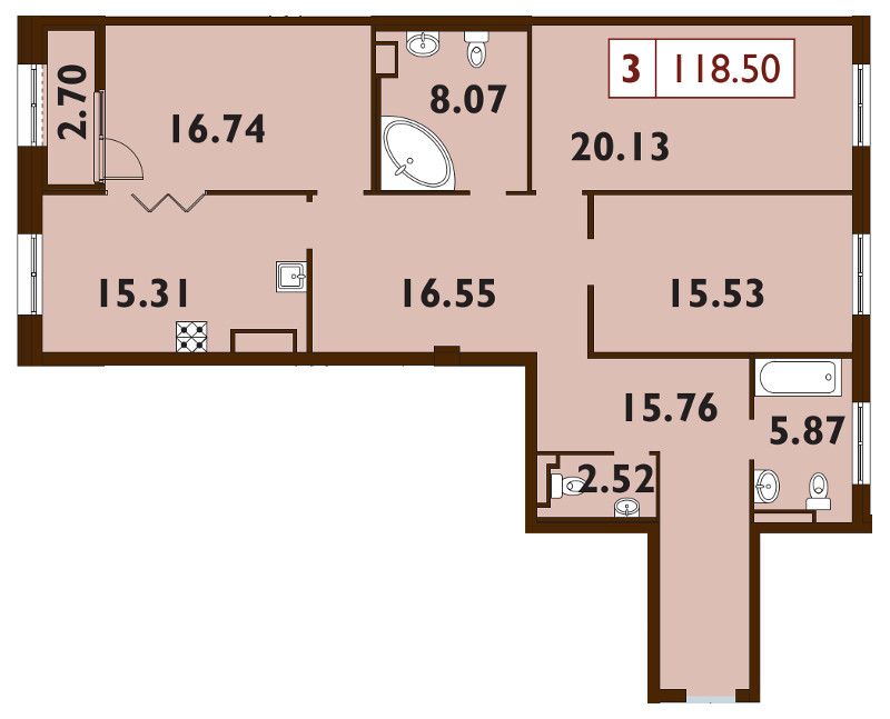 4-комнатная (Евро) квартира, 118.4 м² - планировка, фото №1
