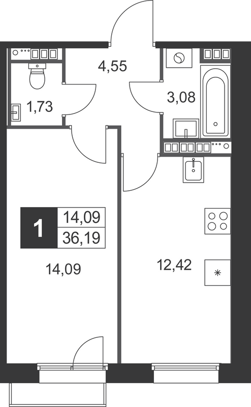 1-комнатная квартира, 36.19 м² в ЖК "Слобода" - планировка, фото №1