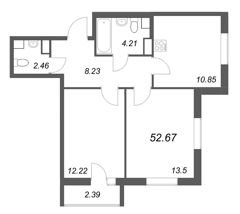 2-комнатная квартира, 52.67 м² в ЖК "Кинопарк" - планировка, фото №1
