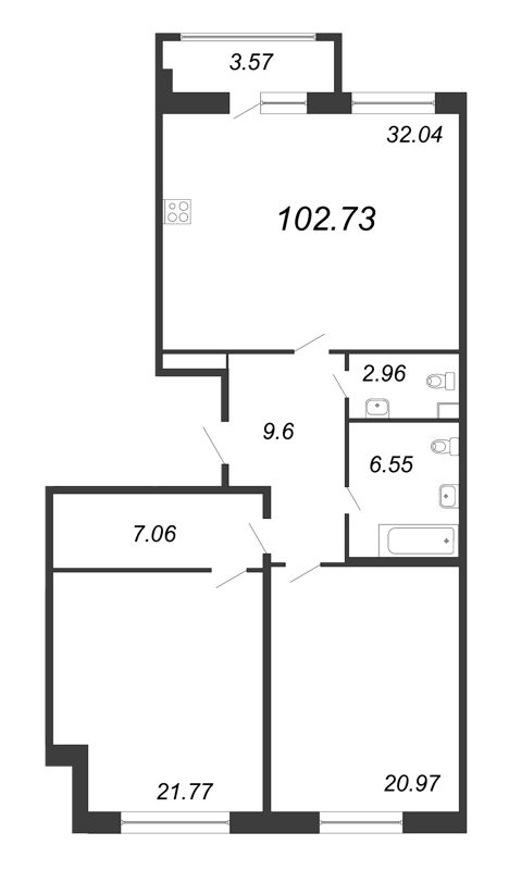 3-комнатная (Евро) квартира, 102.73 м² - планировка, фото №1