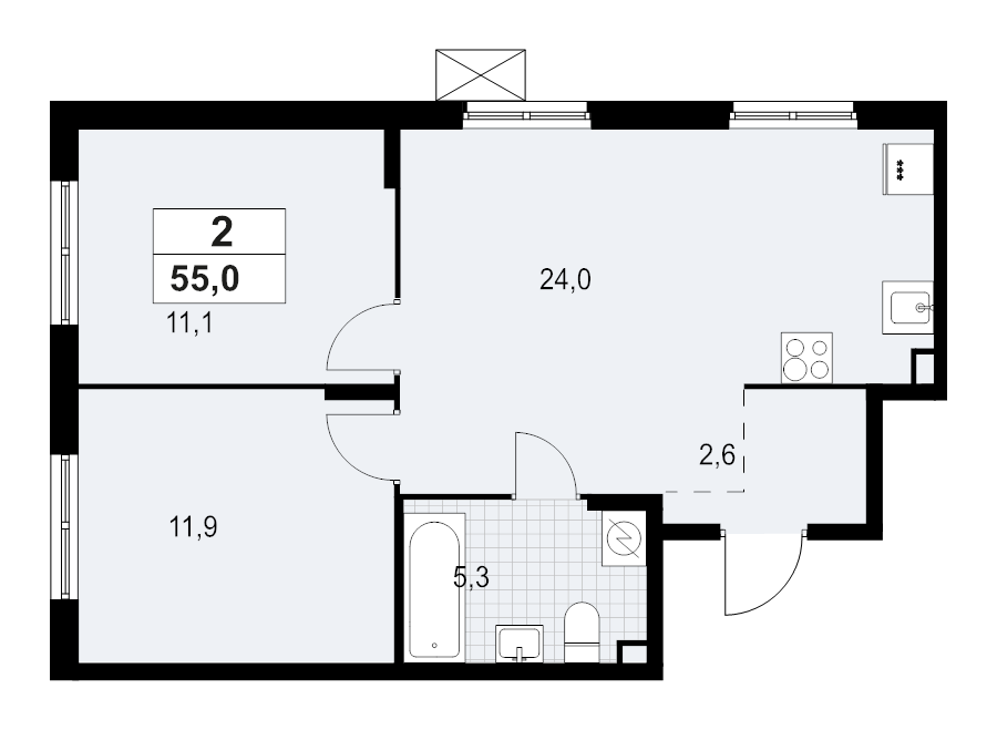 3-комнатная (Евро) квартира, 54.99 м² - планировка, фото №1