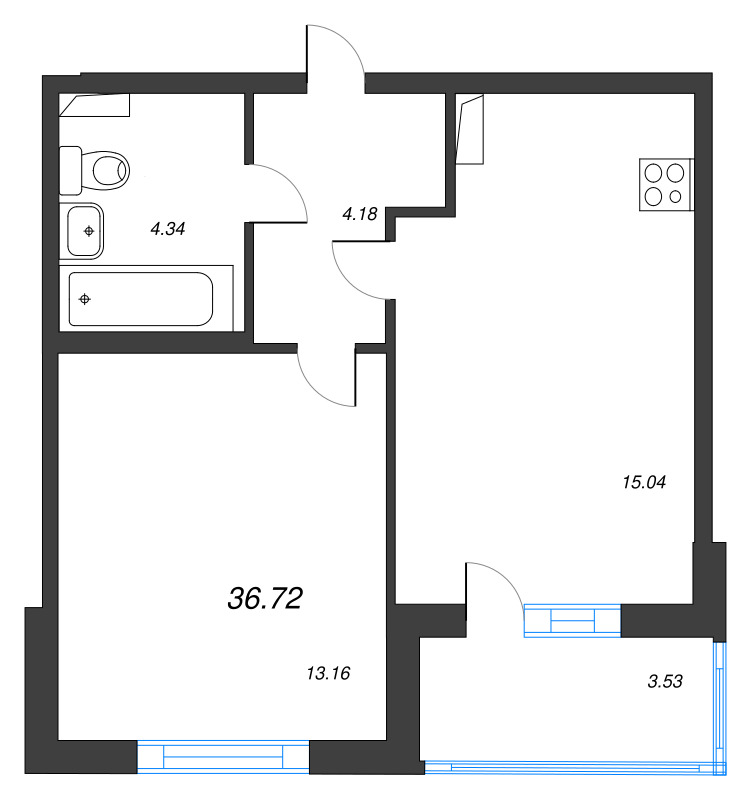 2-комнатная (Евро) квартира, 36.72 м² в ЖК "Любоград" - планировка, фото №1