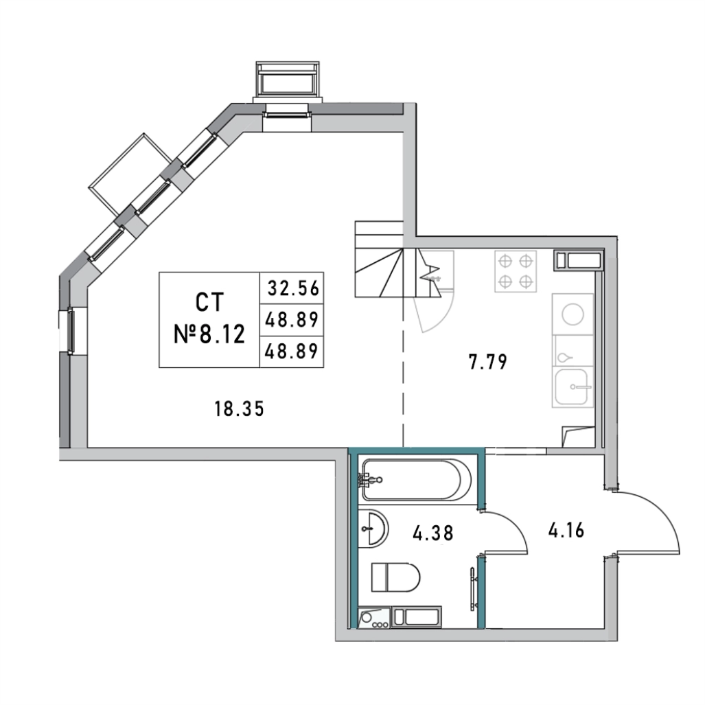 Квартира-студия, 48.89 м² в ЖК "Новый Город" - планировка, фото №1