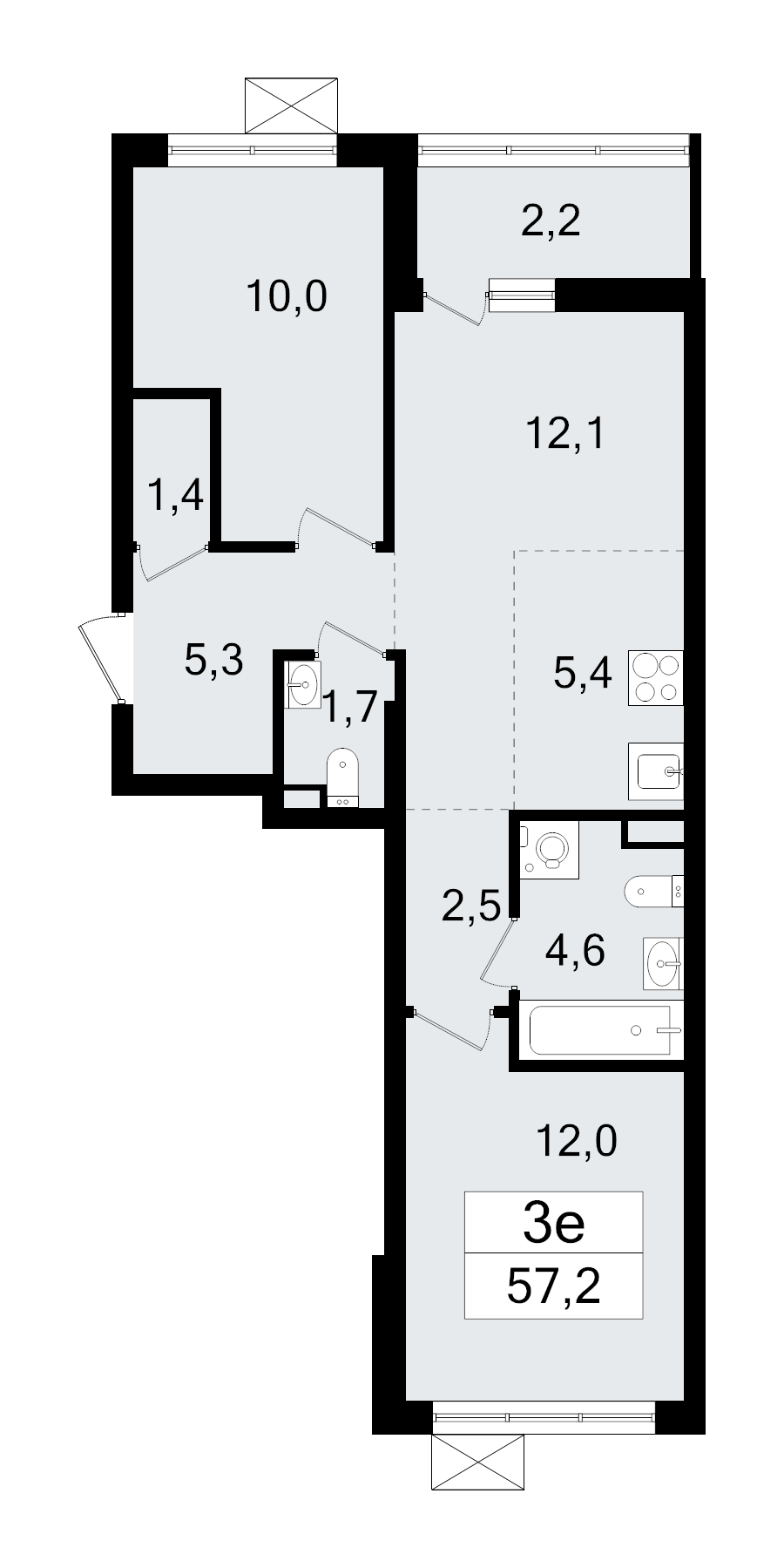 3-комнатная (Евро) квартира, 57.2 м² - планировка, фото №1