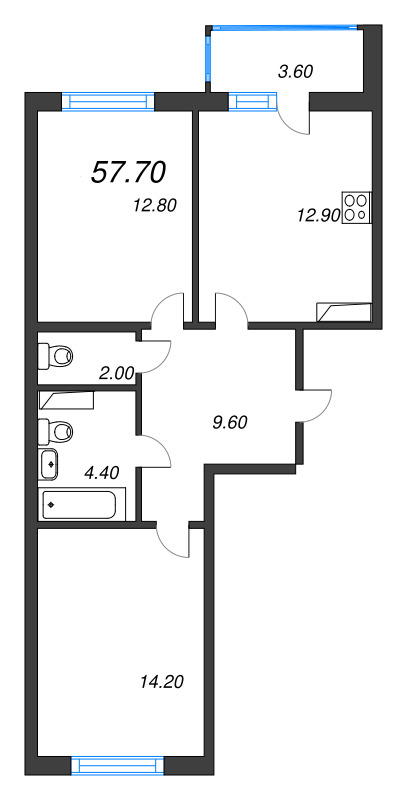 2-комнатная квартира, 57.7 м² - планировка, фото №1