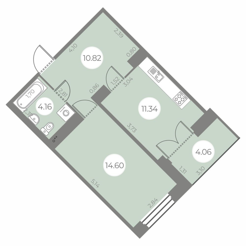 1-комнатная квартира, 42.95 м² - планировка, фото №1